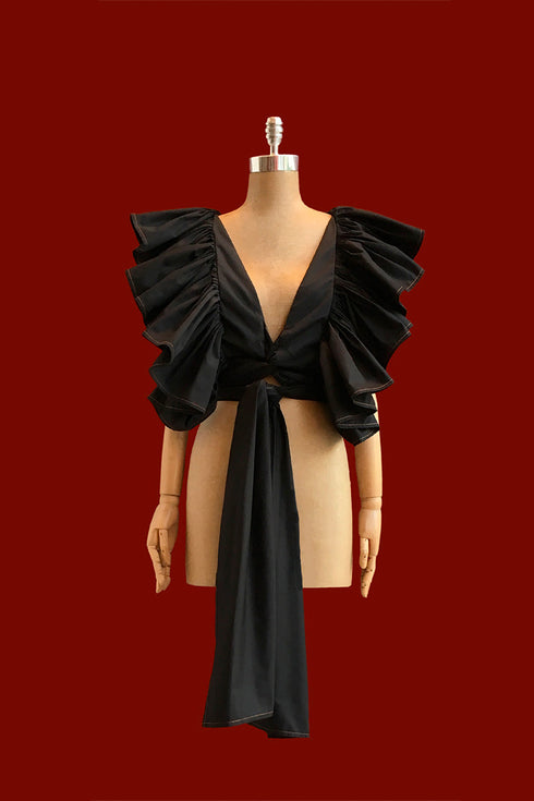 TOCUYO CROPPED TOP RUFFLES V NECK BLACK
